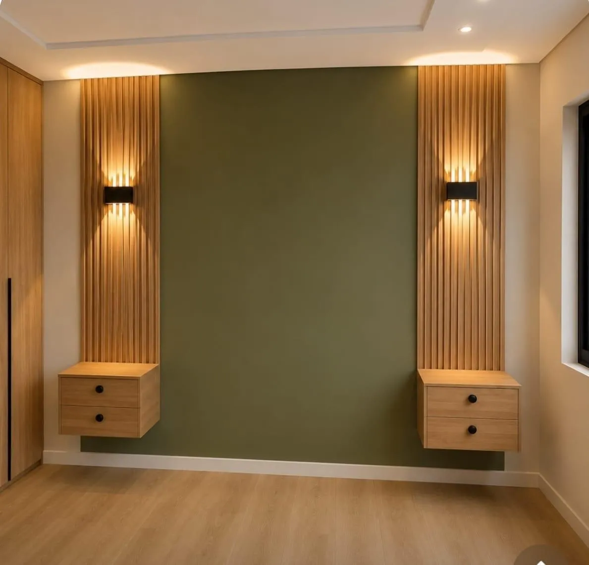 Habitación con muro verde, listones y nocheros flotados